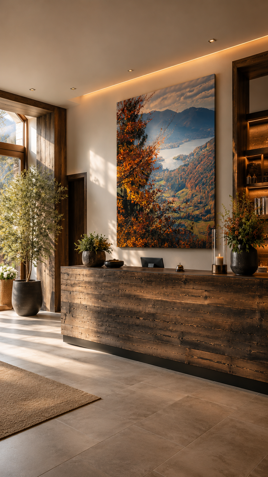 Große Leinwand mit Luftbildmotiv in hochwertiger Hotelrezeption am Tegernsee